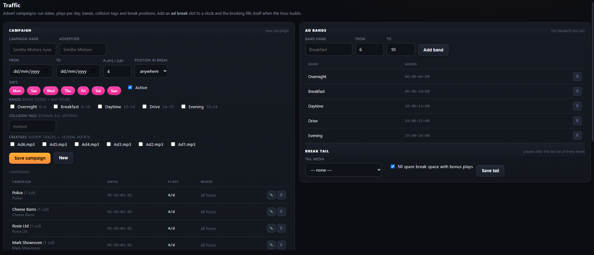 The Adverts tab: campaign booking, ad bands and the break tail