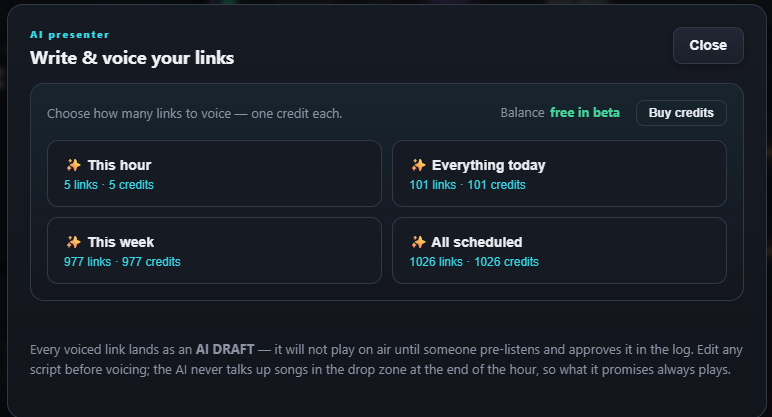 The voice-your-links panel: this hour, everything today, this week or all scheduled