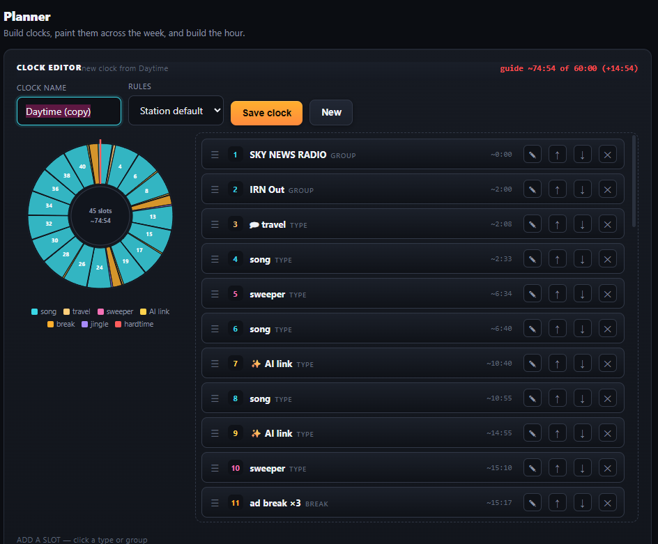 The clock editor: a segmented clock wheel and the slot list with live guide times