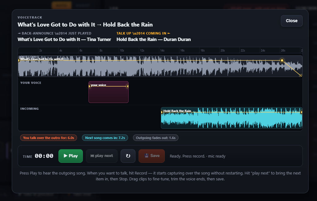 The voice track editor: outgoing, your voice and incoming song on three lanes