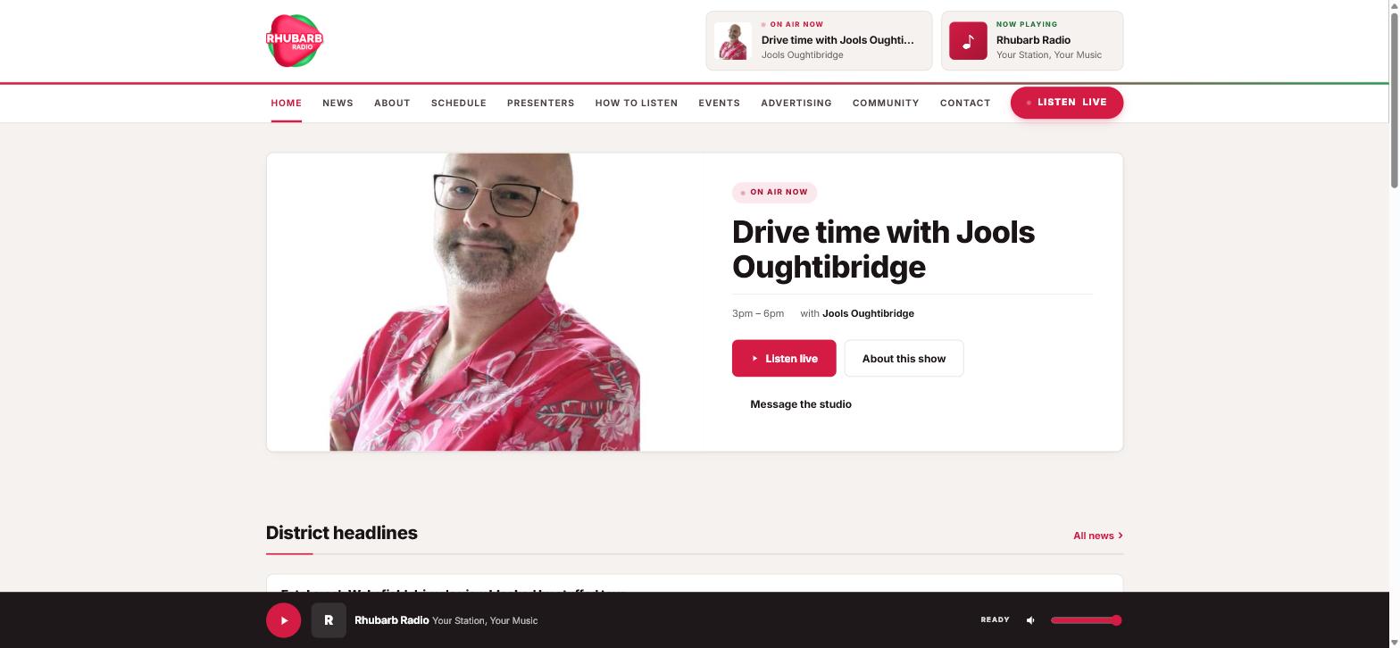 Rhubarb Radio's homepage, showing the show that is on air now