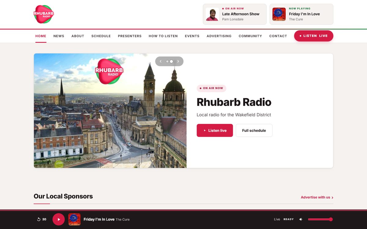 Rhubarb Radio's homepage: the Wakefield skyline, what is on air now and the song playing
