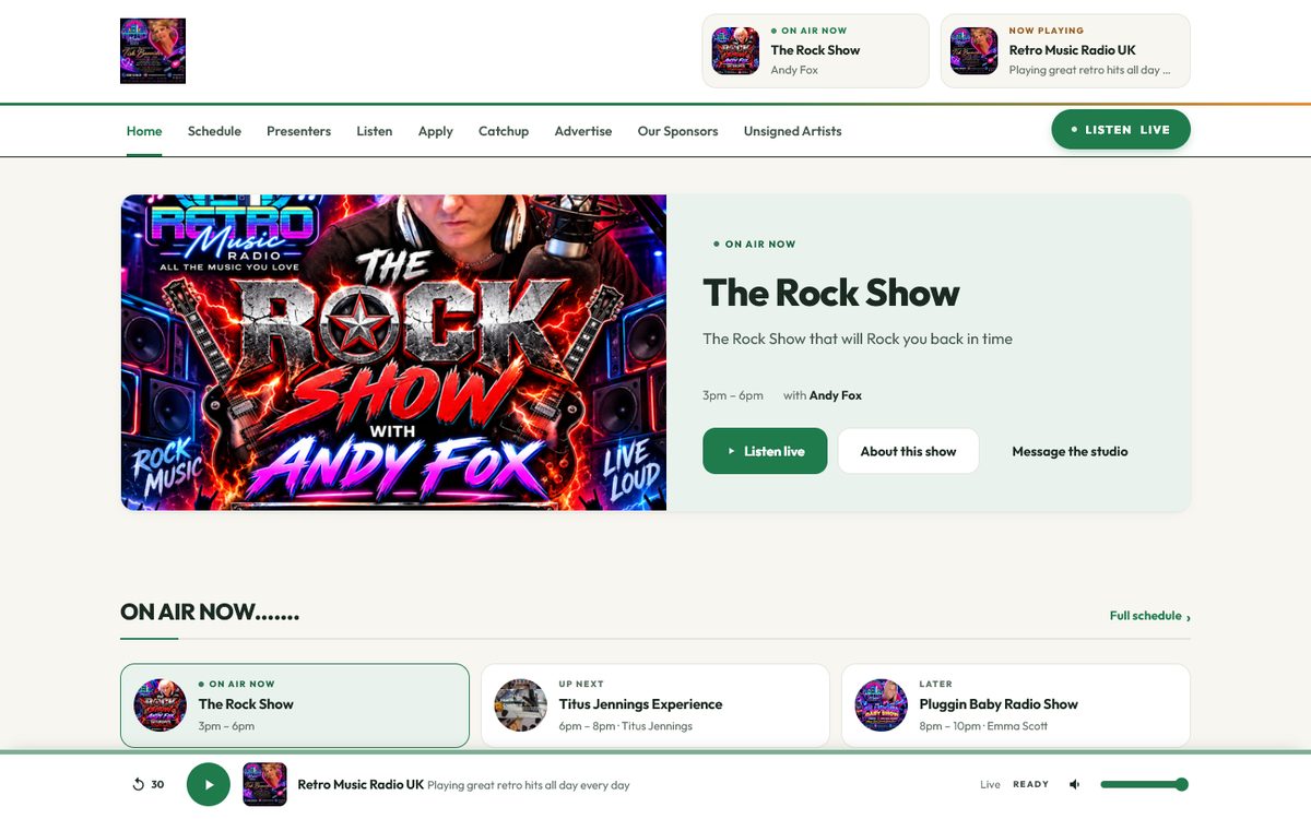 Retro Music Radio UK's homepage: The Rock Show with Andy Fox on air, and what is on next