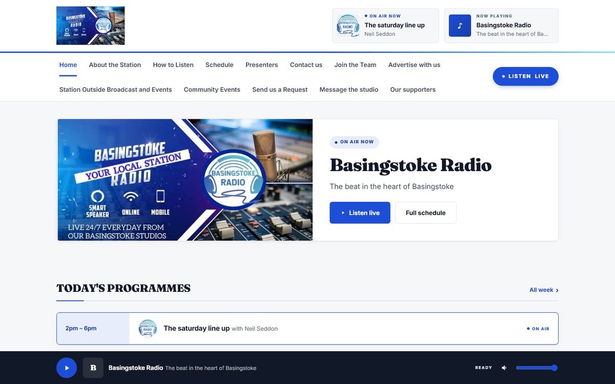 Basingstoke Radio's homepage: the station banner, what is on air now and today's programmes