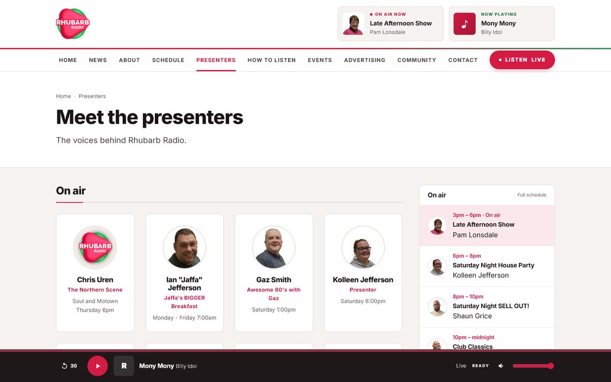 Rhubarb Radio's presenters page, with a photograph and show for each presenter and the rest of today's schedule alongside