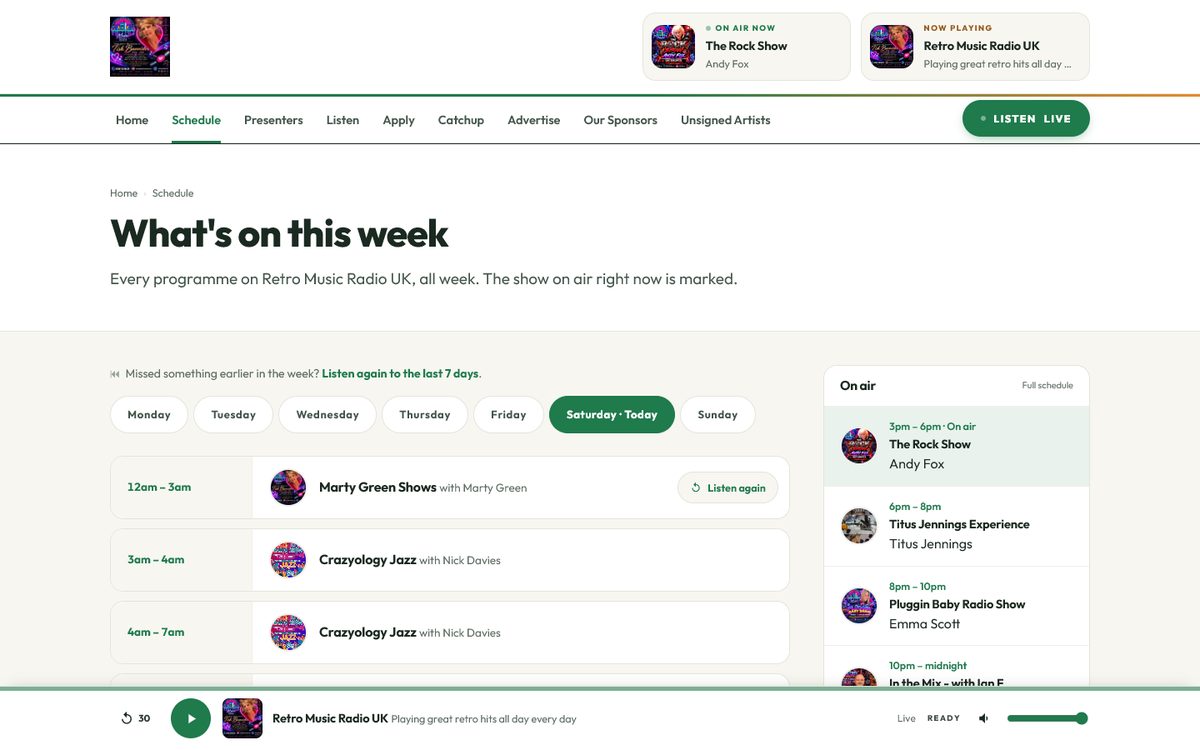 Retro Music Radio UK's schedule, with a listen again button on the programme that has already been on