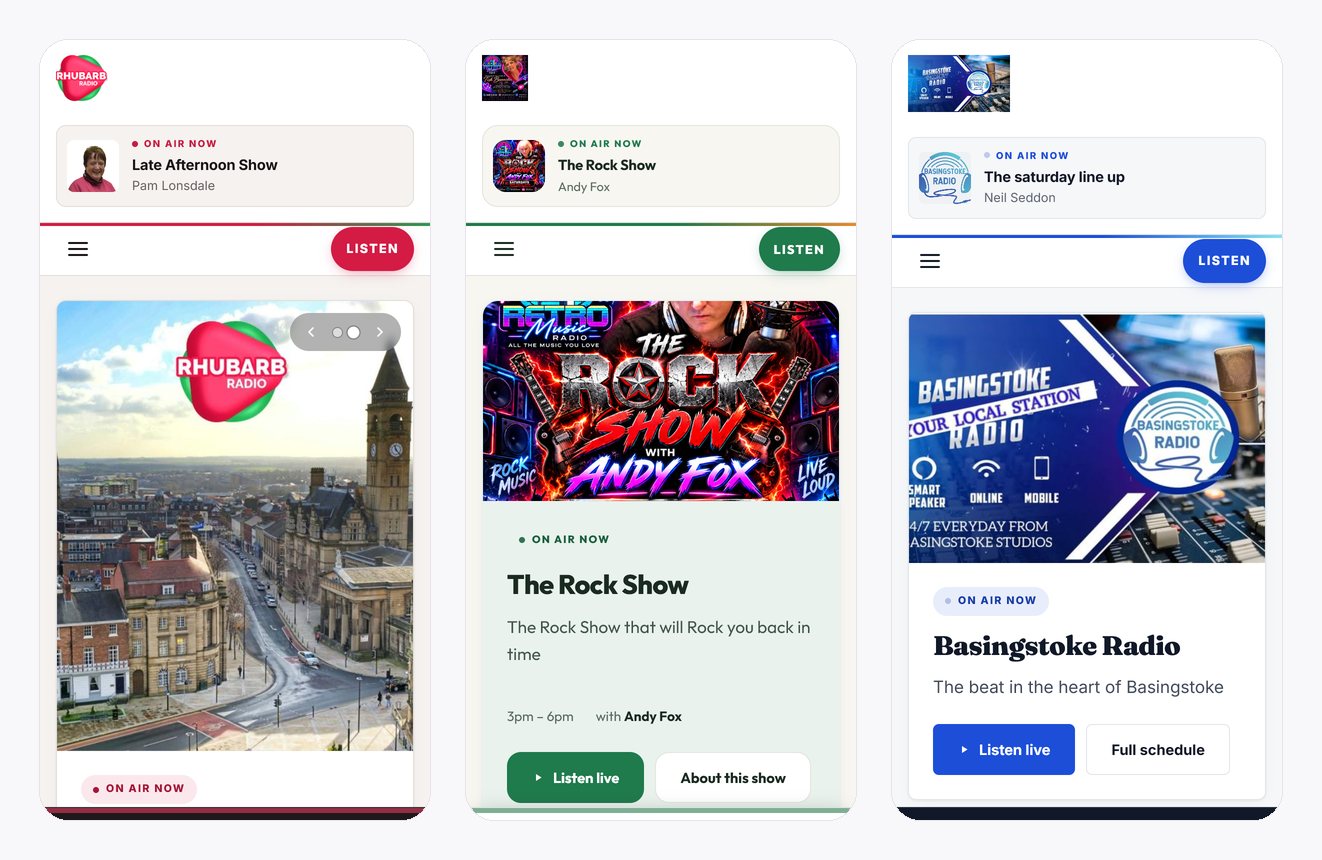 The three stations' homepages on a phone, each showing the show on air now and a listen button
