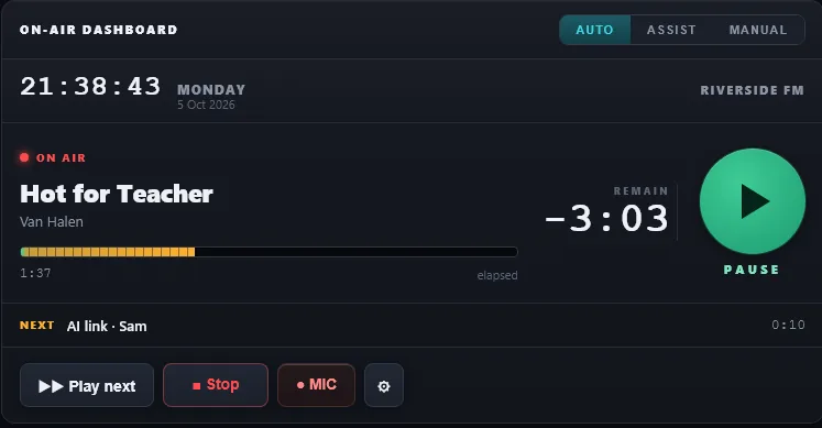 The RadioStudio24 On Air dashboard in automation: the clock, the song on air with three minutes left, and the next item
