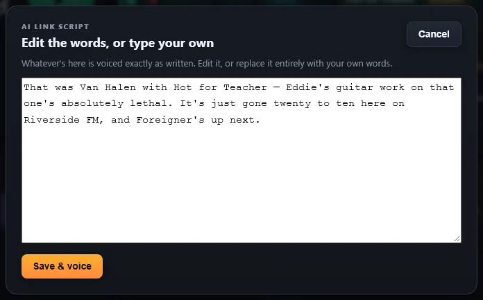 An AI link script open for editing, with a Save and voice button