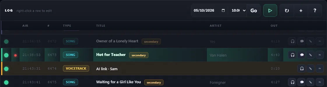 The log: songs with an AI link between them, voiced by the presenter Sam