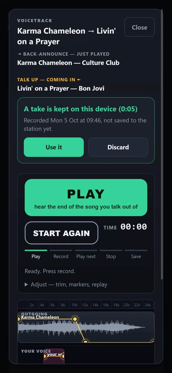 A take kept on the phone after an interruption, with Use it and Discard buttons