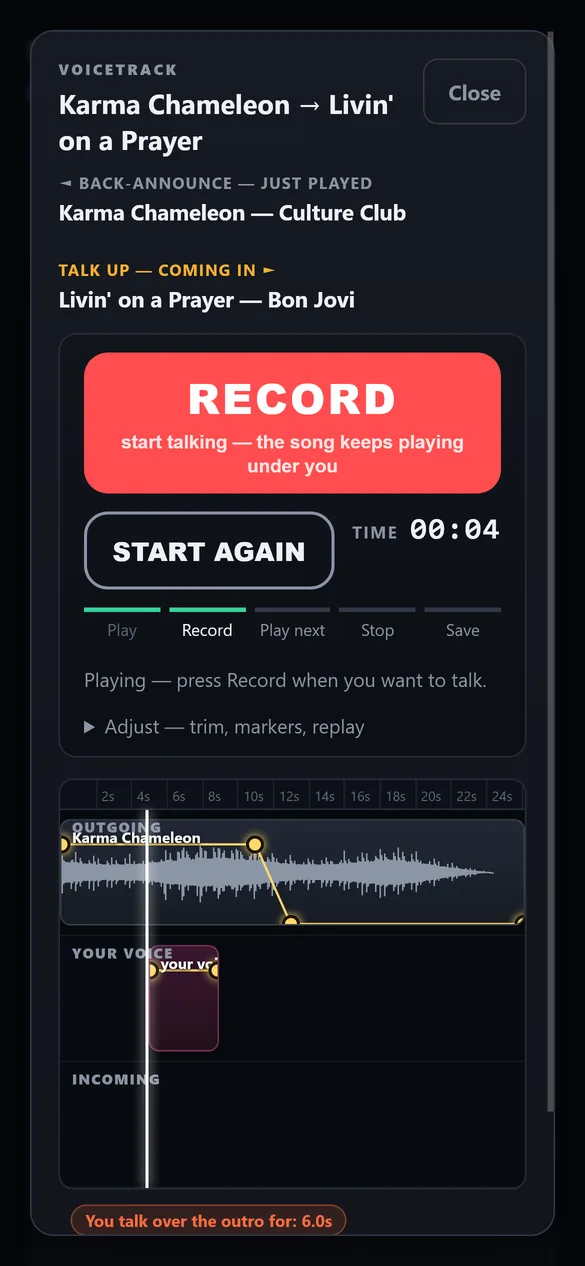 Recording a link on a phone with one big Record button, the outgoing song playing underneath