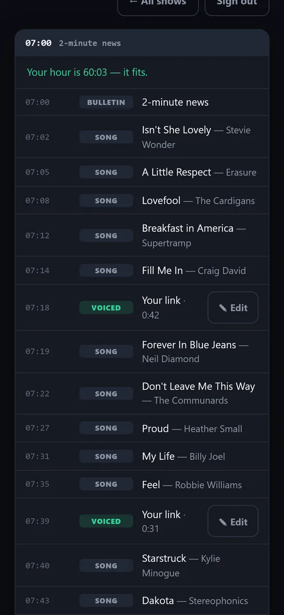 A saved link in the running order, showing its length and an Edit button