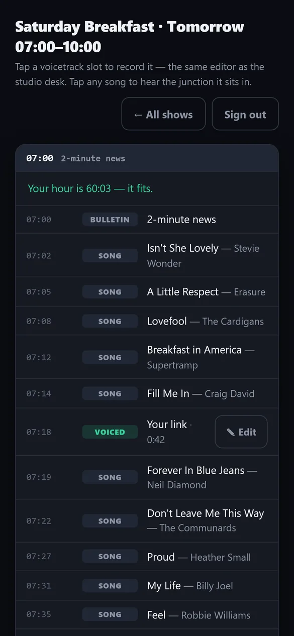 The voicetrack page on a phone: the whole show as one running order, with a bar at each hour and a line saying the hour fits