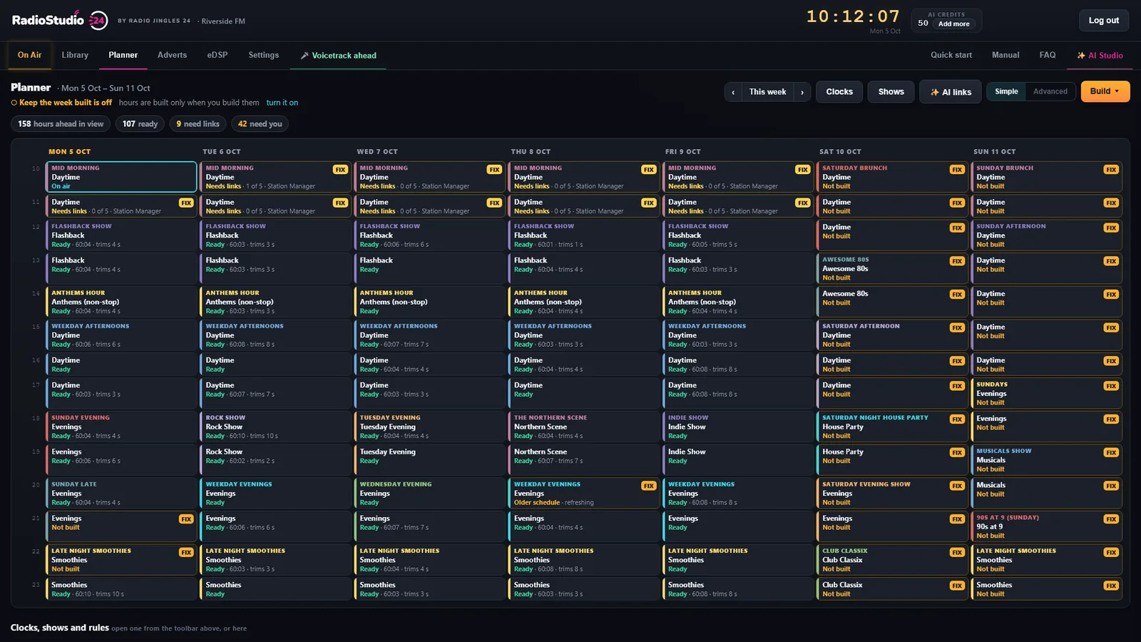 The Planner week grid from Monday to Sunday, every hour showing its show, clock and status
