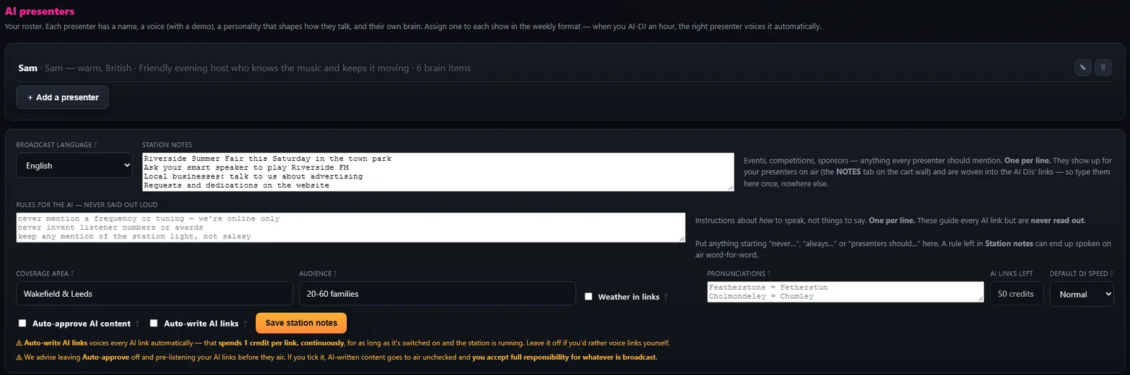 The AI presenter settings: the presenter roster, station notes and the rules for the AI