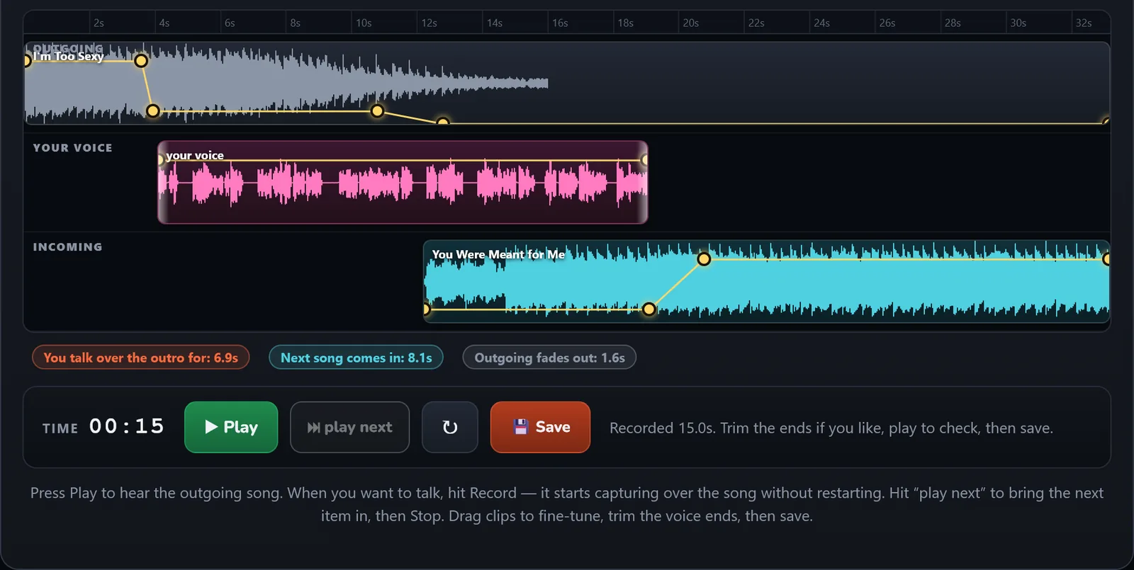 The segue editor: the outgoing song, your voice and the incoming song on three lanes, with volume envelopes and the talk-over time