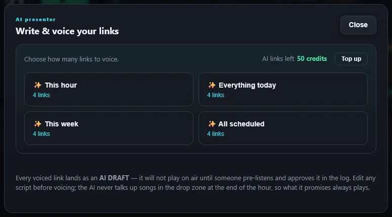 Write and voice your links: this hour, everything today, this week or all scheduled, each landing as an AI draft
